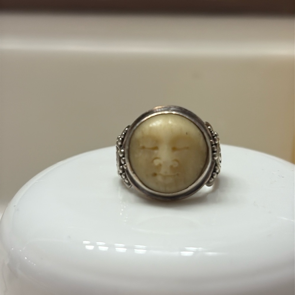Carved Bone Face Sterling Silver Ring - Ivory